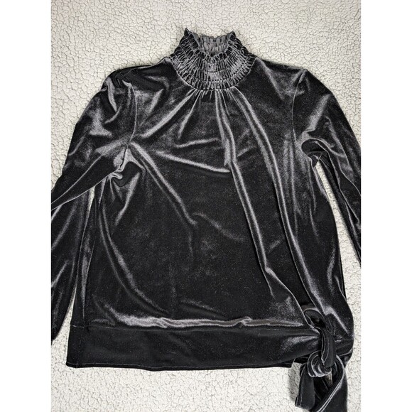 J JILL Crushed Velvet Elastic Collar And Cuffs Shirt XS Chic Black Front Tie - Picture 1 of 11